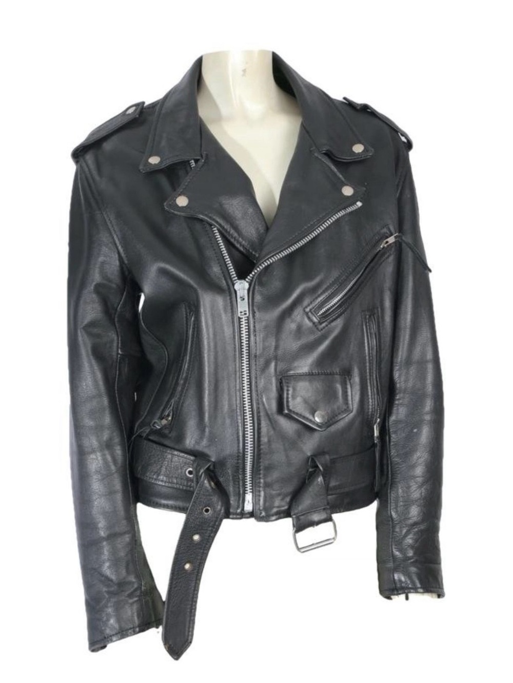 Women's Black Leather Biker Jacket with Belted Waist